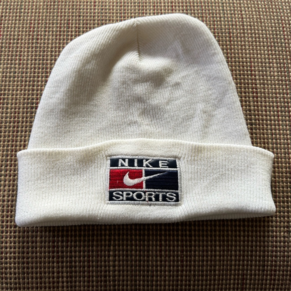 Vintage Nike Sports Knit Hat Beanie, White, 80s